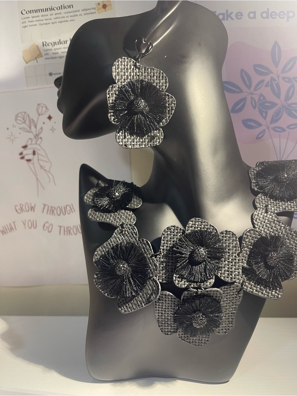 Handcrafted Black Floral Statement Necklace and Earrings Set